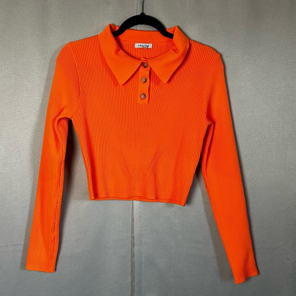 Women's White Birch Bright Orange Cropped LS Sweater Casual Collared Polo Sz L